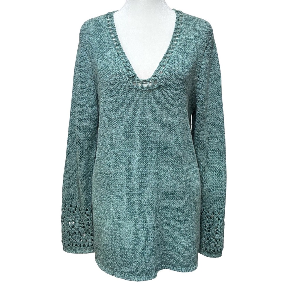 Chicos V-Neck Sweater Size 2 Green Teal Open Knit Crochet Long Sleeve Pullover